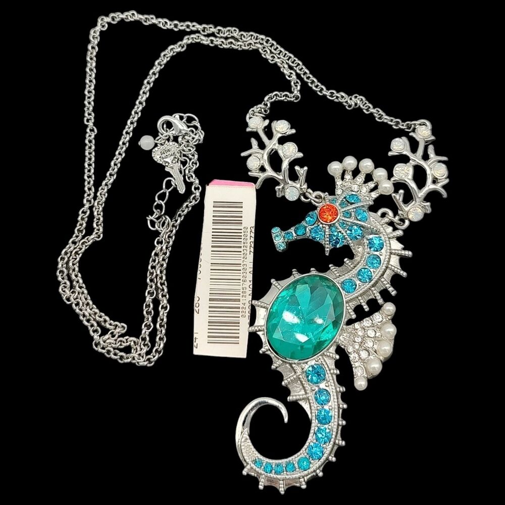 NWT Betsey Johnson Jewelry Large Seahorse Pendant Necklace Crystal Jeweled Crown - Picture 2 of 13
